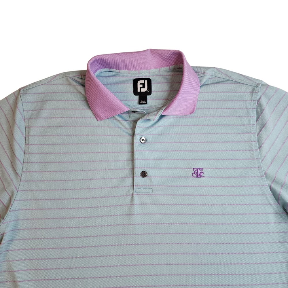 Footjoy FJ Golf Polo Mens Large Blue‎ Lavender Striped Performance Stretch Shirt